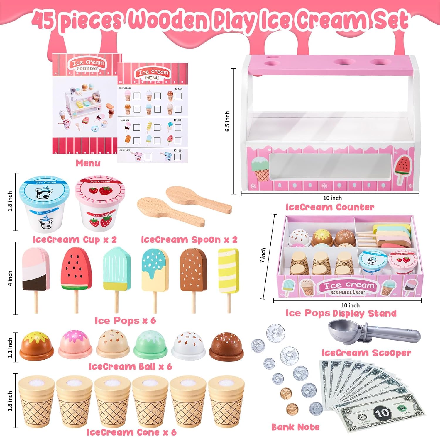 Wooden Ice Cream Counter Playset for Toddler Girl Toys, Play Store Pretend Toy Food Play Kitchen Accessories with Fake Money & Coin, Christmas Birthday Gifts for 3+ Year Old Kids (Pink)