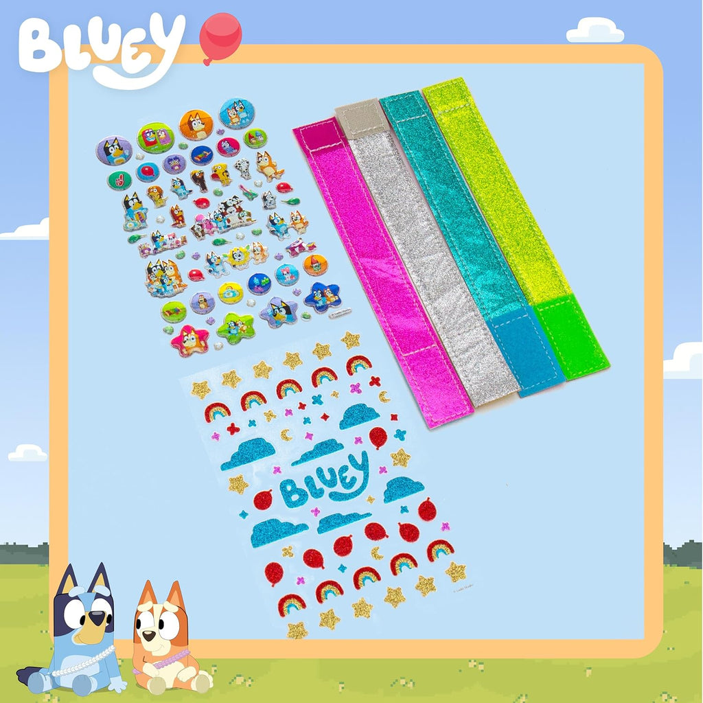 Sparkle Bracelet Making Kit, 4 Reversible Bracelets with Easy Closure, 100+ Traditional and Puffy Resin Stickers, DIY Bluey Jewelry, Arts and Crafts for Kids Age 8-12, Toddler Gifts