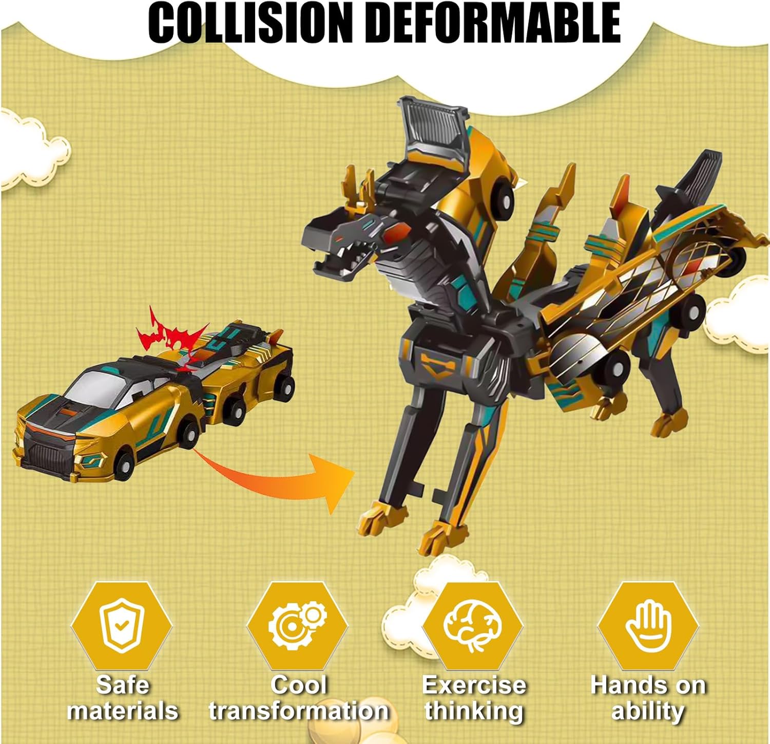 Magnetic Dinosaur Car Toy - 2 in 1 Crash & Transform Vehicle to Dino, No Battery Needed for Kids Age 3-12, Birthday Gift(Golden Dragon)