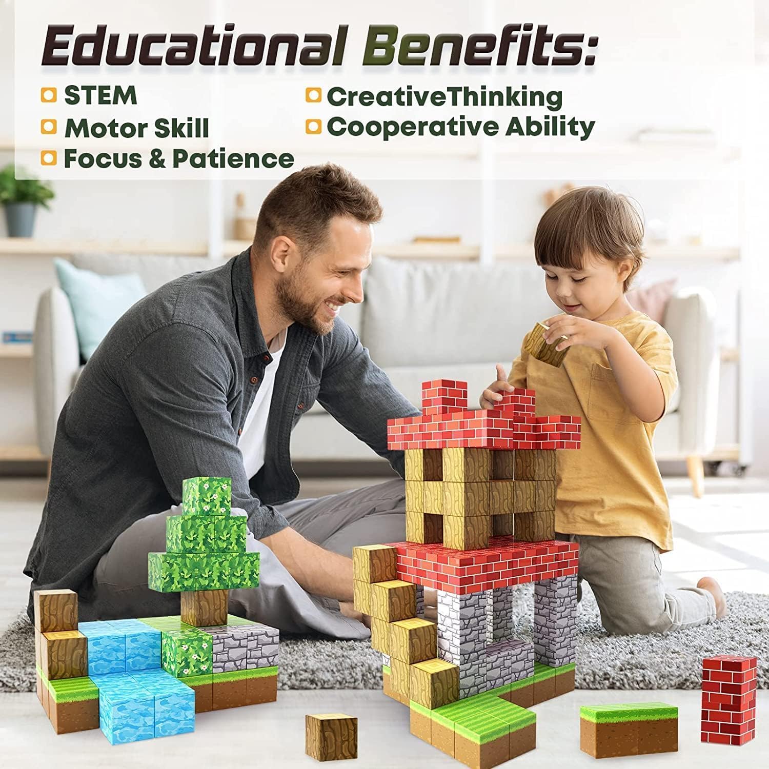 Large Magnetic Blocks 1 inch Magnets Building Craft, STEM Sensory Toys for Boys Girls 3+, STEM Educational Construction Toys for Kids 3-5 5-7 6-8, Classroom Learning Building Mine Magnet World