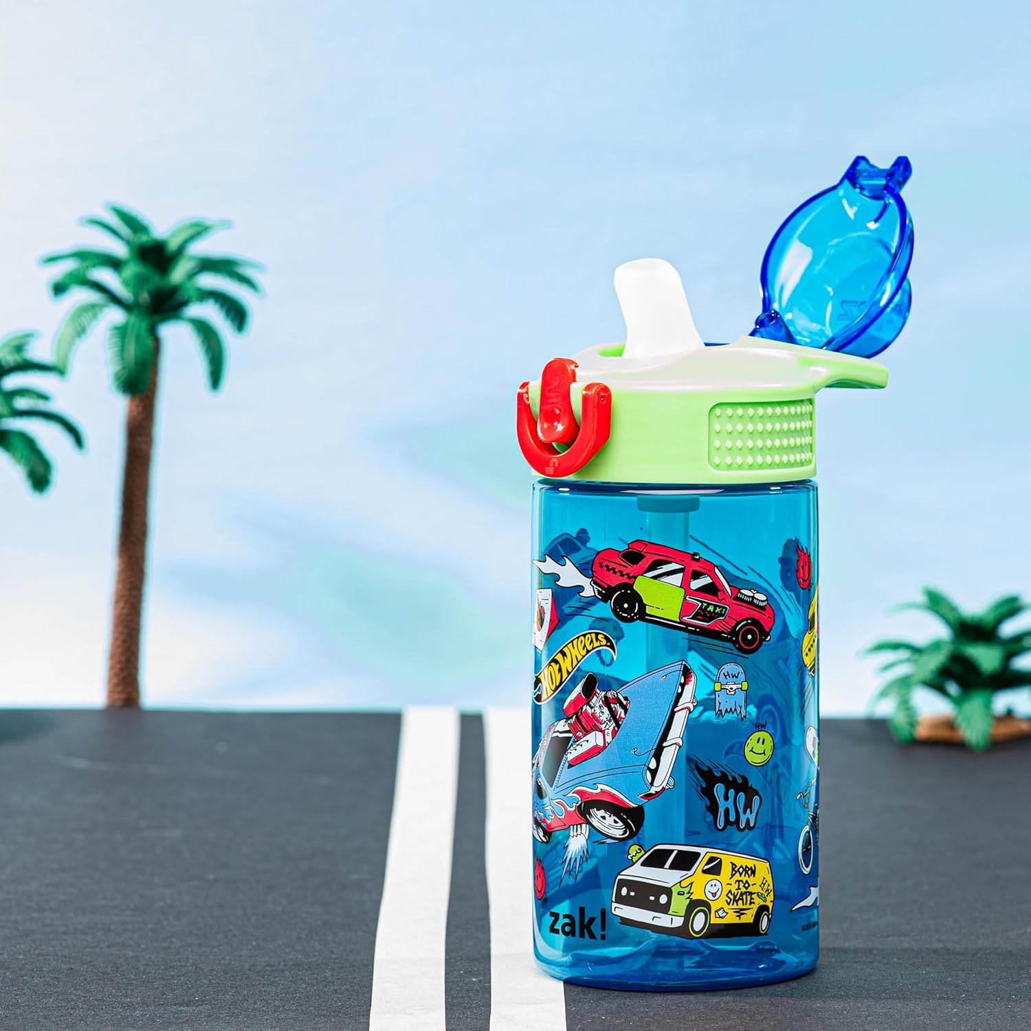 Mattel Hot Wheels Sage Kids Water Bottle For School or Travel, 16oz Durable Plastic Water Bottle With Straw, Handle, and Leak-Proof, Pop-Up Spout Cover (Hot Wheels)