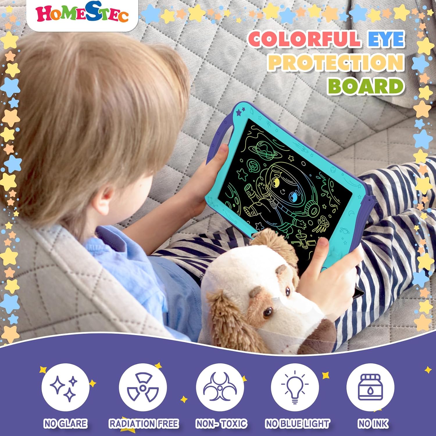 Astrodraw Drawing Pad, Colorful LCD Writing Tablet for Kids, Doodle Board for Toddlers 3 4 5 6 Years Old, Travel Toy Birthday Gift for Boys Girls (Aqua/Purple)