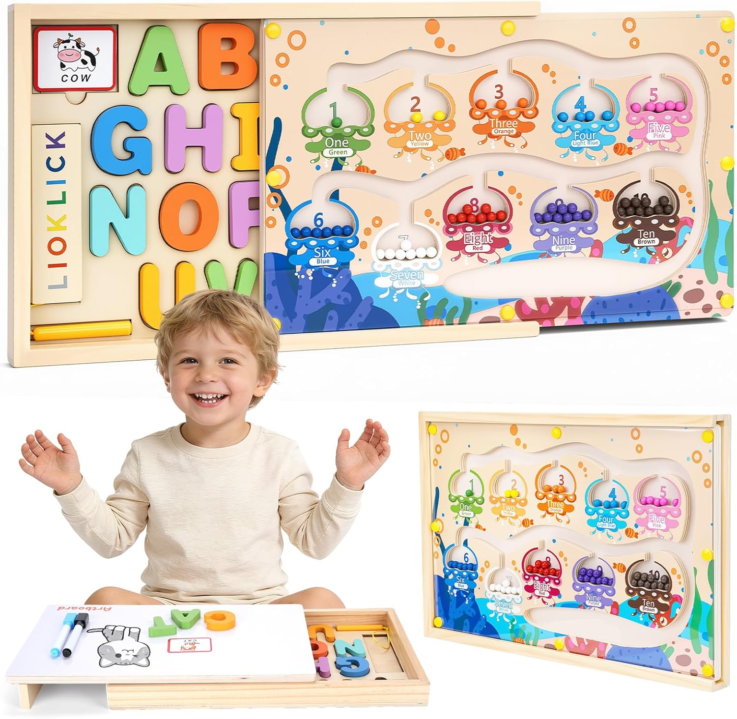 4 IN 1 Magnetic Color and Number Maze Toys Box with Alphabet Puzzles Drawing Board, Wooden Storage Montessori Toy for 3-5 Year Old, Toddlers Educational Learning Toy Gifts for Kids Boys Girls