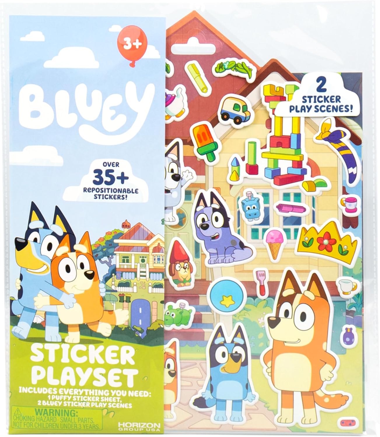 Bluey Sticker Playset, 2 Sticker Play Scenes, 35+ Reusable Puffy Bluey Repositionable Stickers for Kids, Perfect for Travel, Screen-Free Fun