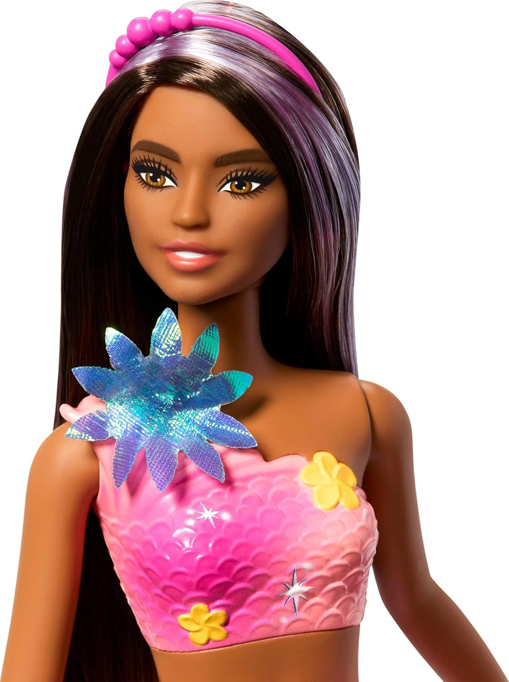 Mermaid Toy Dolls with Surprise Magic Blooming Flowers Feature, Ombre Tails, Pearl Headband Accessory & Long Brown Hair with Purple Highlights