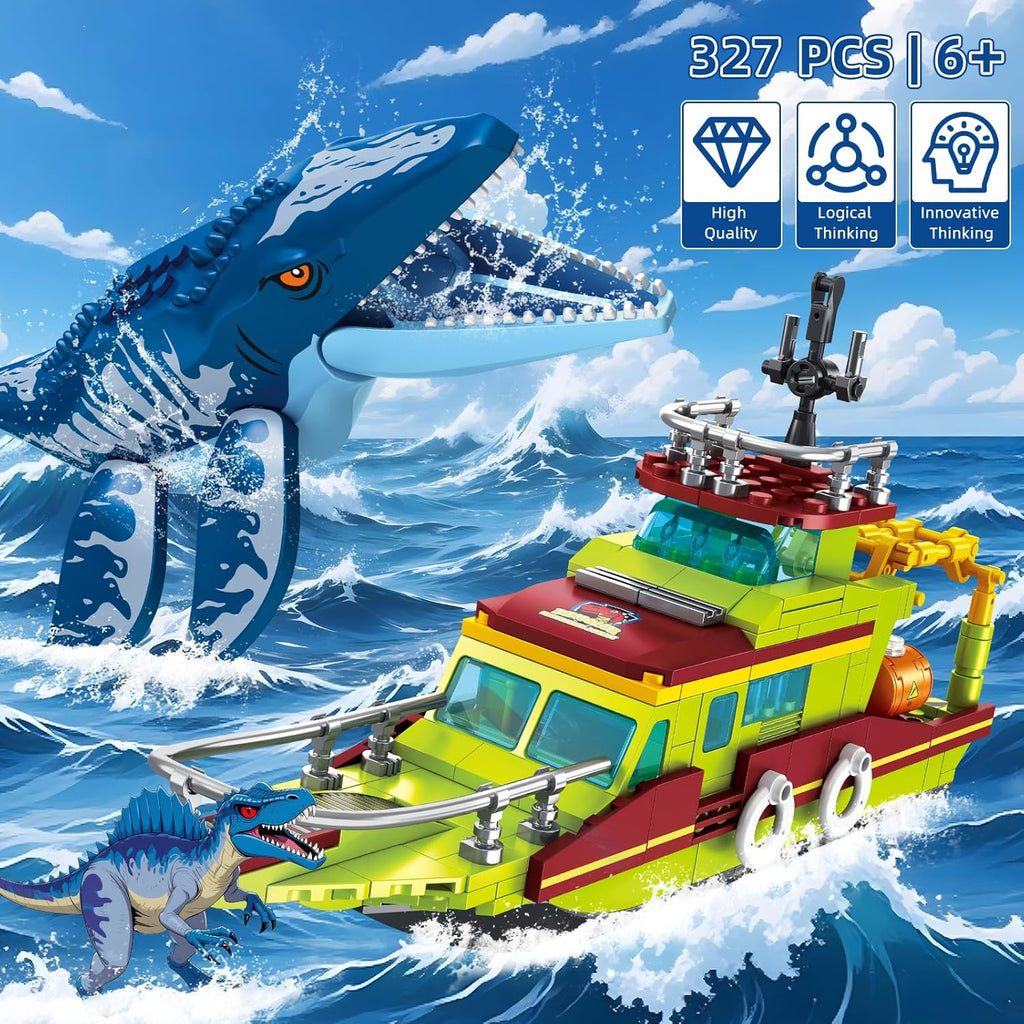 Explorer Dinosaur Building Set Compatible with Dinosaur Park World, City Boat Ship & Mosasaurus Spinosaurus Dino Toys with Poseable Joints, Toys for Kids Boys Age 6-12