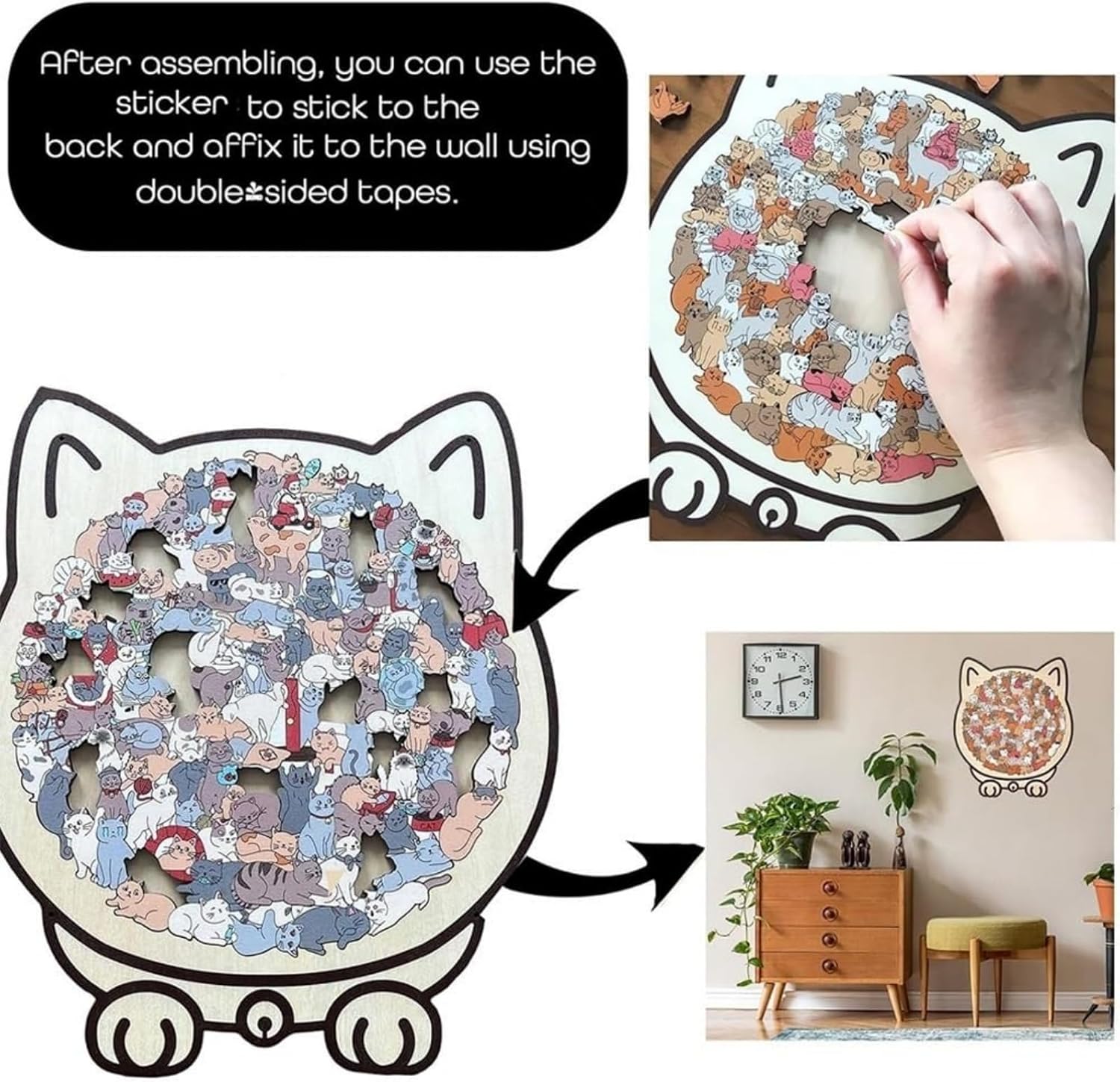 Colored Cat Shaped Wooden Jigsaw Puzzle for Adults, Cute Animal Cats Decorative with Adorable Cats Outlines Framed and Acrylic Cover, Creative Puzzle Gifts for Cat Lovers Home Decor