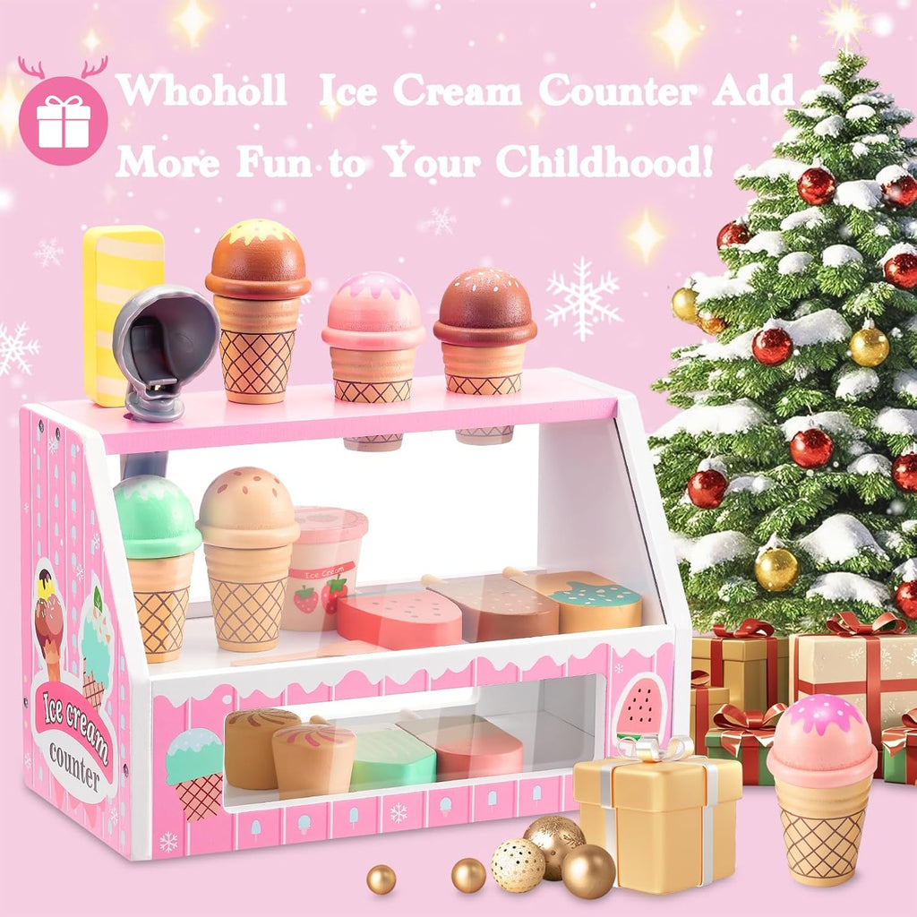 Wooden Ice Cream Counter Playset for Toddler Girl Toys, Play Store Pretend Toy Food Play Kitchen Accessories with Fake Money & Coin, Christmas Birthday Gifts for 3+ Year Old Kids (Pink)