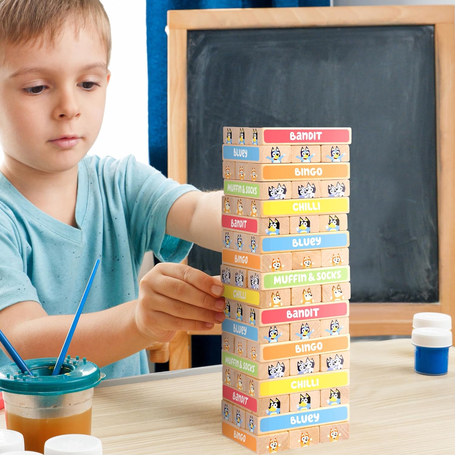 8th Wonder Stackable Tumbling Tower Game, Robust Wooden Stacking Game with 54 Illustrated Colored Blocks, Fun Balancing Toy for Kids Ages 3+