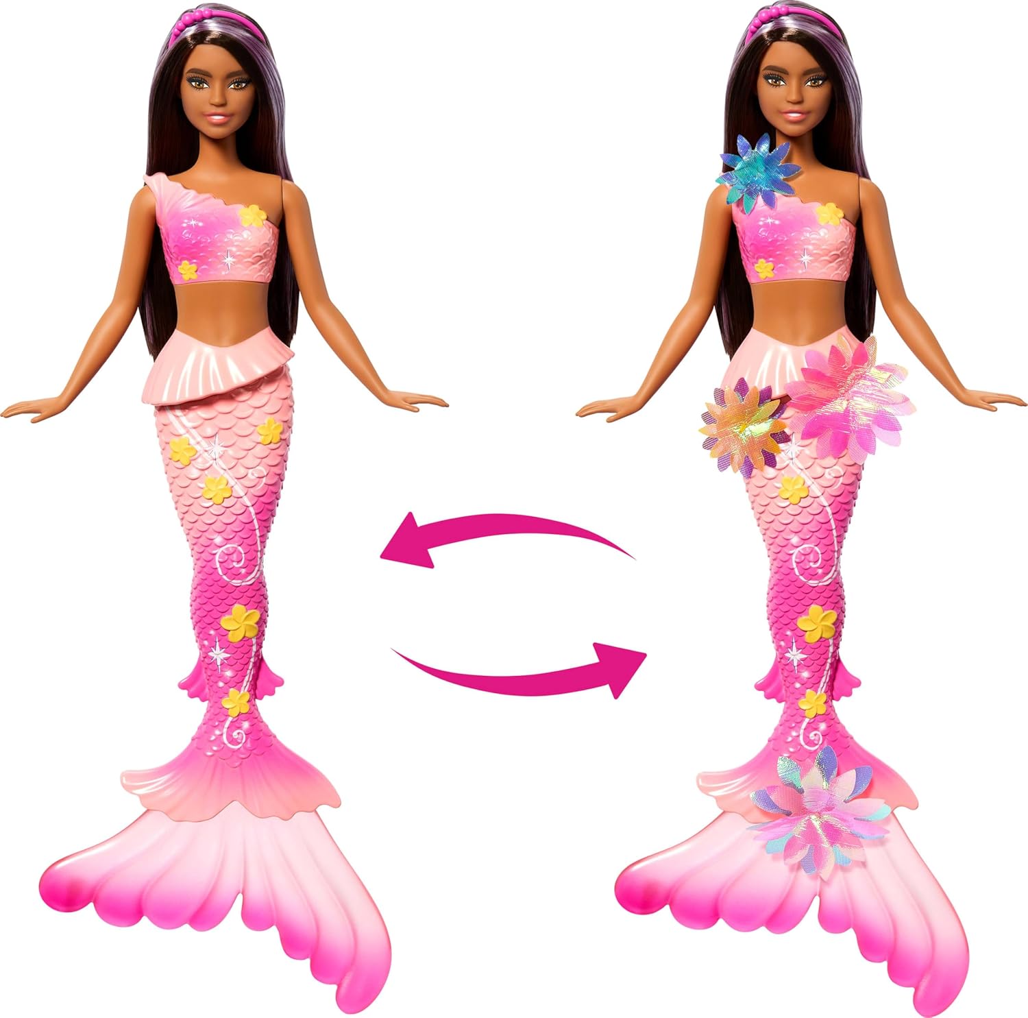 Mermaid Toy Dolls with Surprise Magic Blooming Flowers Feature, Ombre Tails, Pearl Headband Accessory & Long Brown Hair with Purple Highlights