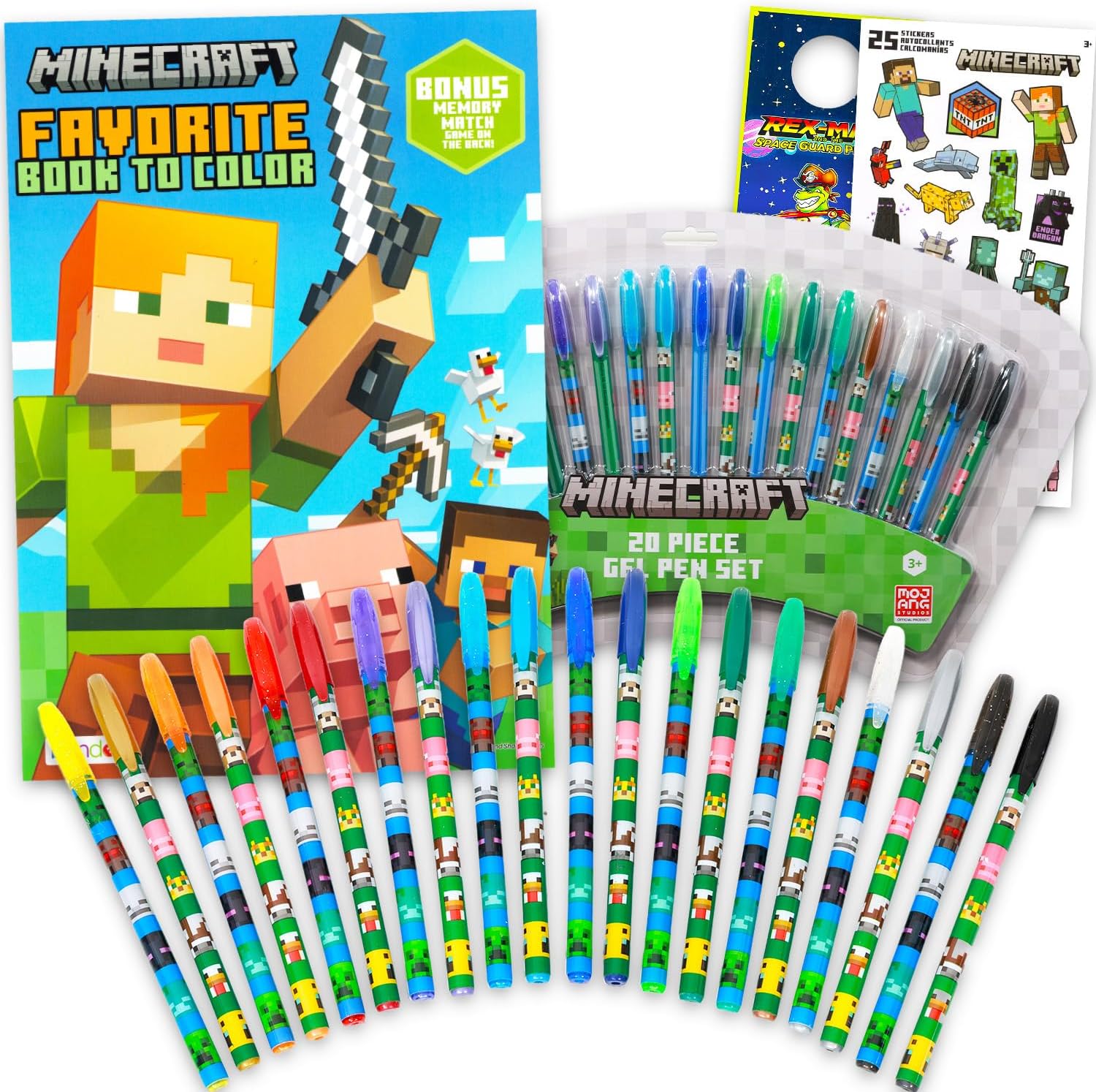 Minecraft Gel Pens Set - Bundle with 20 Colorful Gel Pens, Plus Coloring Book, Stickers, More | Minecraft Activity Set for Kids Ages 4-8