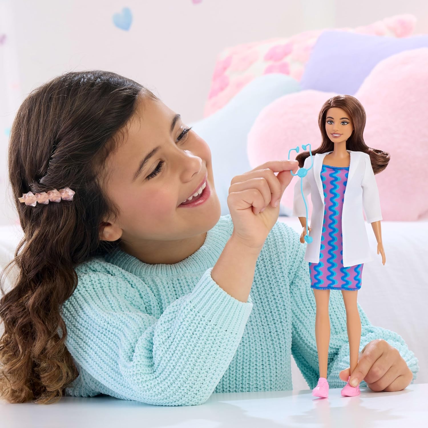 Careers Doctor Fashion Doll Wearing Removable Look with White Coat, Dress & Shoes, Plus Stethoscope Accessory