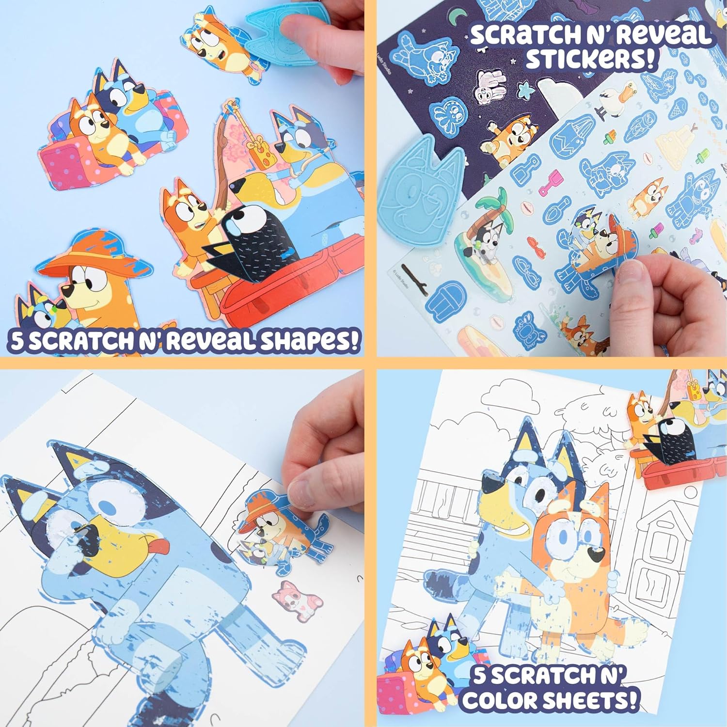 Scratch ‘n Color Pad, 9-Page Activity Coloring Book, Includes Scratch Art, Stickers for Kids, Bluey Toys, On the Go Activity Playset, Bluey Toys for Toddlers 1-3, Great Gift for Kids Ages 3 & Up