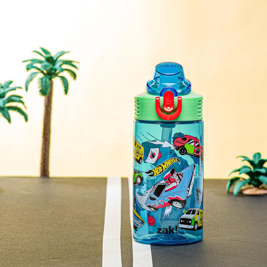 Mattel Hot Wheels Sage Kids Water Bottle For School or Travel, 16oz Durable Plastic Water Bottle With Straw, Handle, and Leak-Proof, Pop-Up Spout Cover (Hot Wheels)