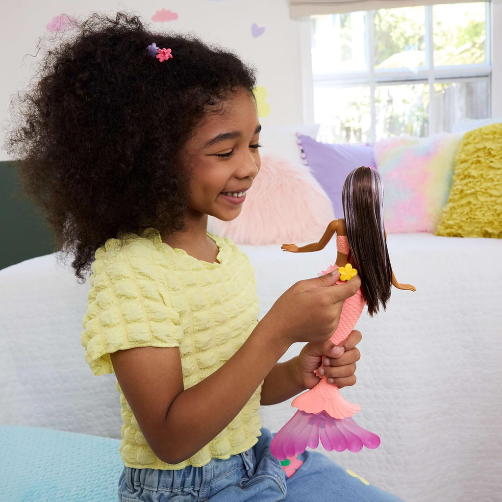 Mermaid Toy Dolls with Surprise Magic Blooming Flowers Feature, Ombre Tails, Pearl Headband Accessory & Long Brown Hair with Purple Highlights