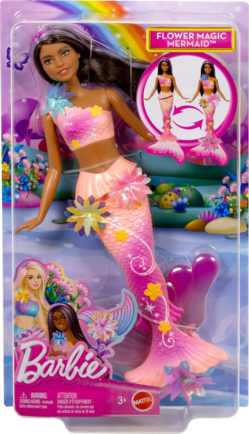 Mermaid Toy Dolls with Surprise Magic Blooming Flowers Feature, Ombre Tails, Pearl Headband Accessory & Long Brown Hair with Purple Highlights