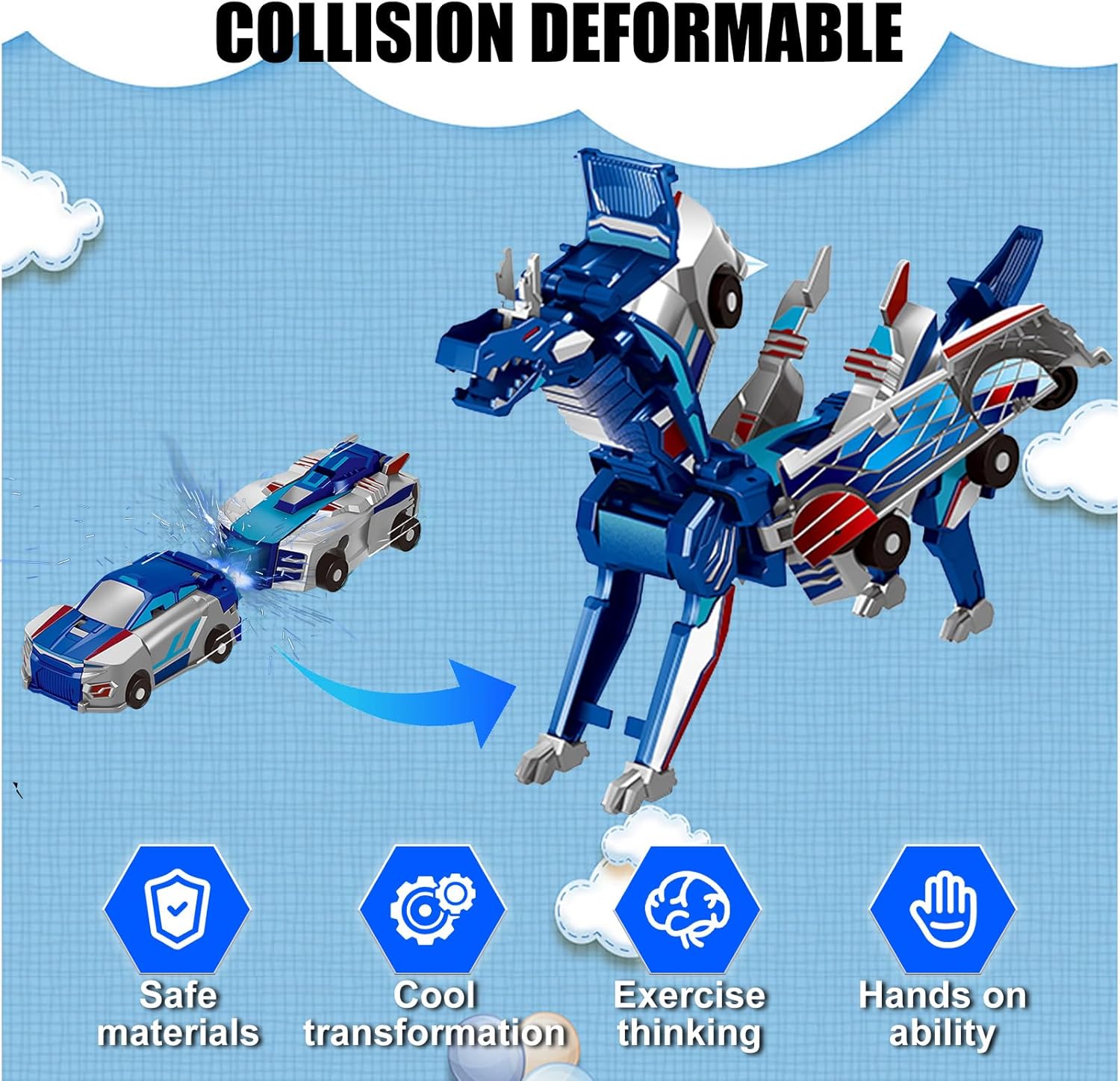 Magnetic Dinosaur Car Toy - 2 in 1 Crash & Transform Vehicle to Dino, No Battery Needed for Kids Age 3-12, Birthday Gift(Golden Dragon)
