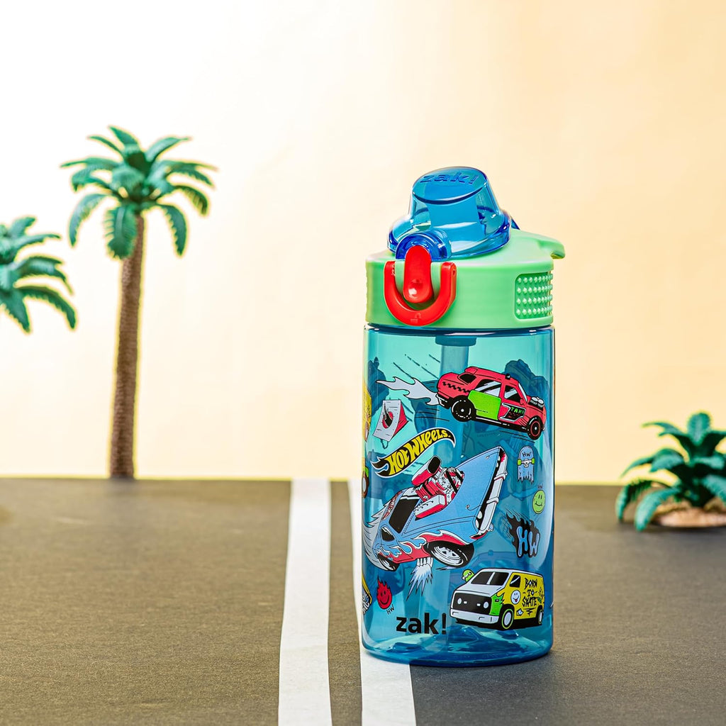 Mattel Hot Wheels Sage Kids Water Bottle For School or Travel, 16oz Durable Plastic Water Bottle With Straw, Handle, and Leak-Proof, Pop-Up Spout Cover (Hot Wheels)