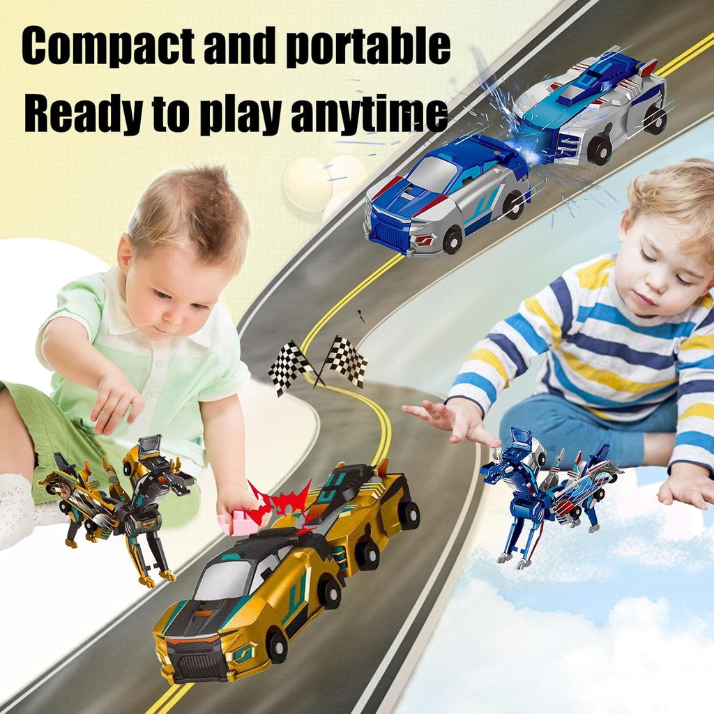 Magnetic Dinosaur Car Toy - 2 in 1 Crash & Transform Vehicle to Dino, No Battery Needed for Kids Age 3-12, Birthday Gift (Gold Blue)