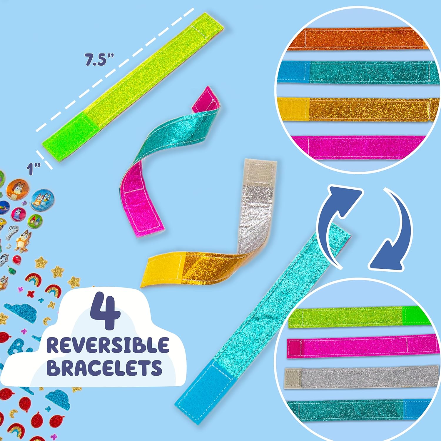 Sparkle Bracelet Making Kit, 4 Reversible Bracelets with Easy Closure, 100+ Traditional and Puffy Resin Stickers, DIY Bluey Jewelry, Arts and Crafts for Kids Age 8-12, Toddler Gifts