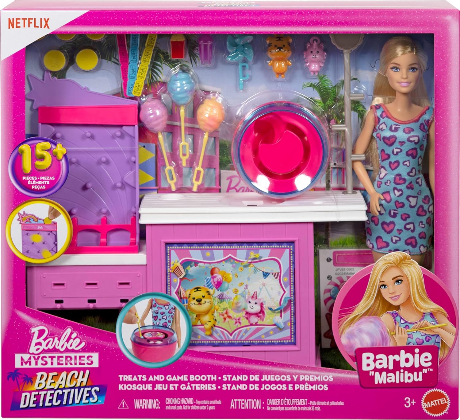 Beach Detectives Malibu” Doll & Cotton Candy Game Booth Playset with 20 Accessories Including Prizes