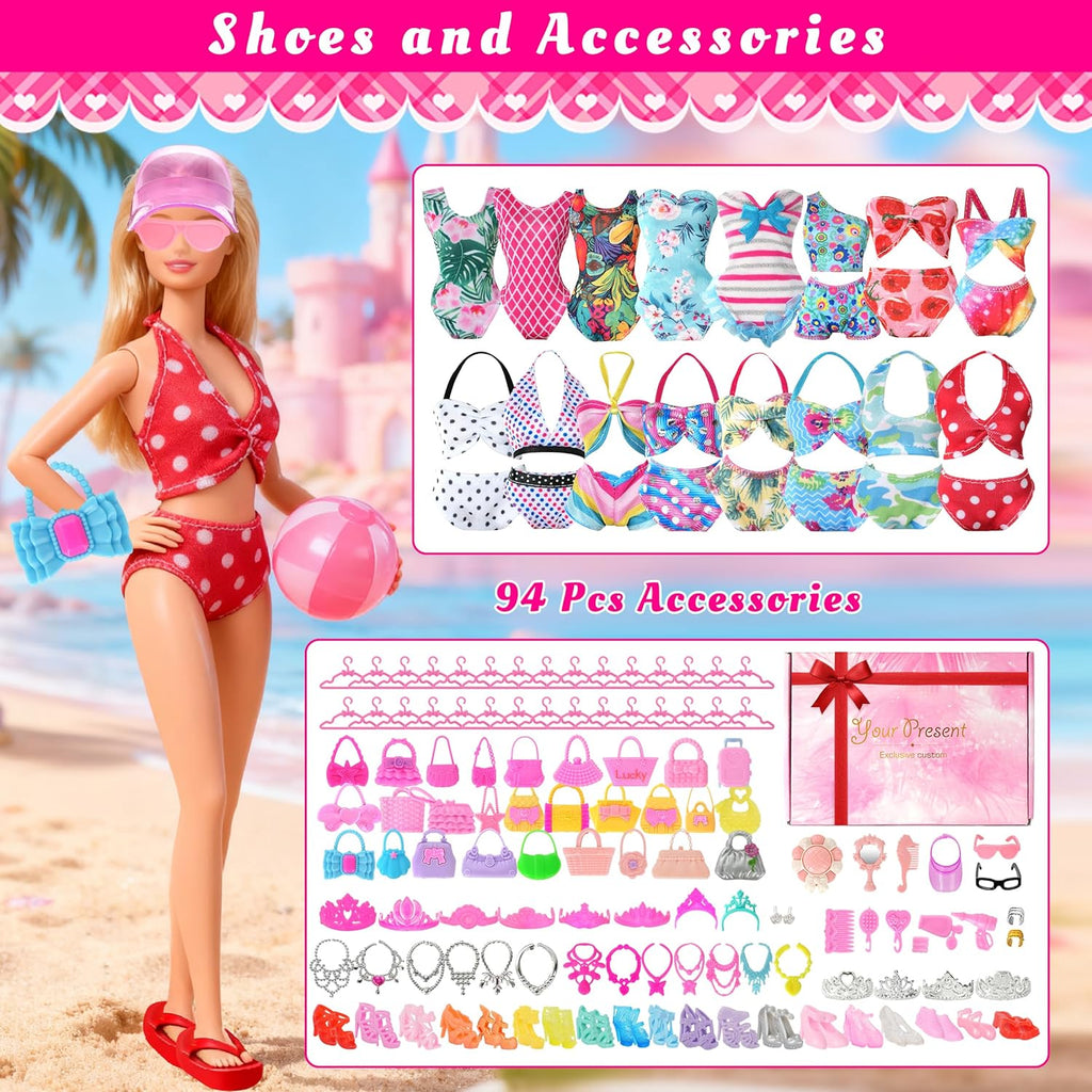 120Pcs Doll Clothes and Accessories, 5 Wedding Gowns 21 Dresses Including Evening Gowns, Fish Scale Skirts, Fashion Dresses, Swimsuits, Shoes, Hangers for Christmas Stocking Stuffers Girls Gift Age 3+