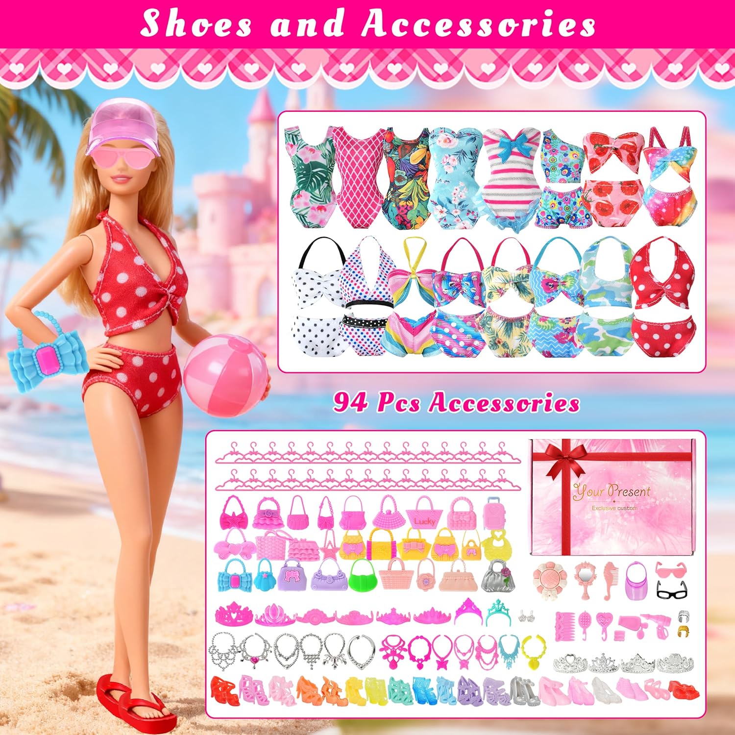 120Pcs Doll Clothes and Accessories, 5 Wedding Gowns 21 Dresses Including Evening Gowns, Fish Scale Skirts, Fashion Dresses, Swimsuits, Shoes, Hangers for Christmas Stocking Stuffers Girls Gift Age 3+