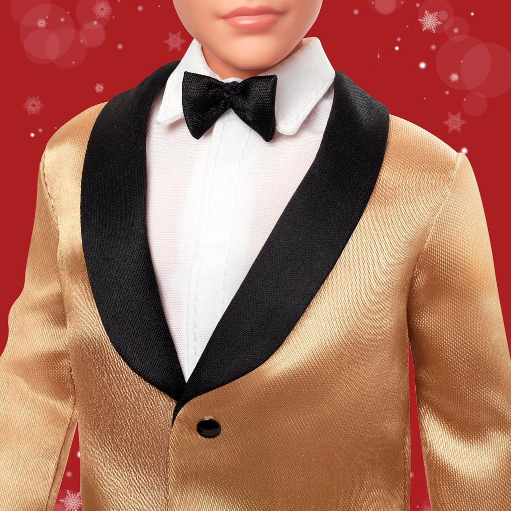 ignature 2025 Holiday Blonde Ken Collectible Fashion Doll Wearing Full Suit with Golden Jacket in Displayable Packaging & Doll Stand