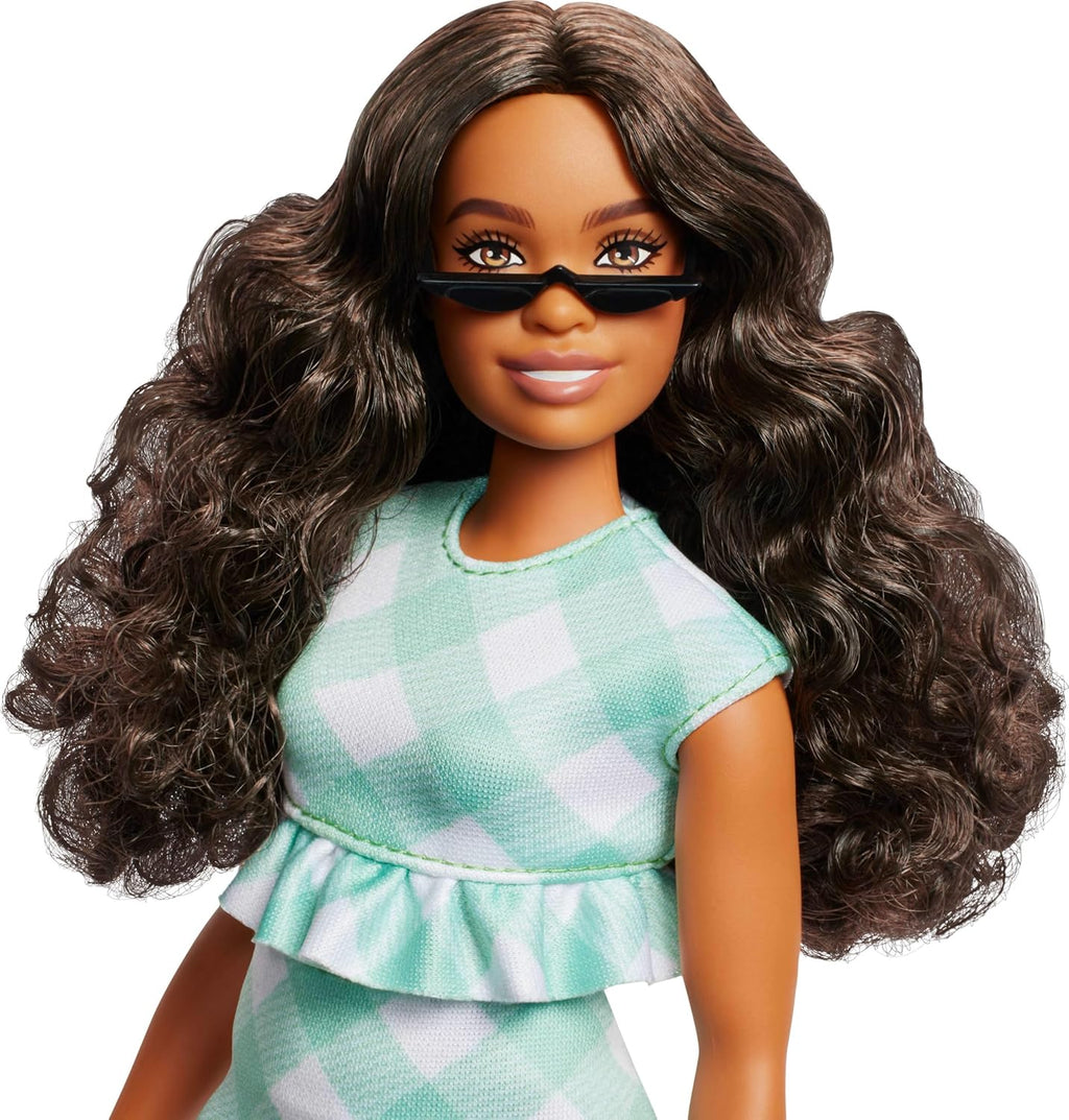 Fashionistas Doll #240 with Wavy Dark Brown Hair Wearing Minty Green Ruffled Gingham Dress, Sunglasses and Lavender Heels Accessories