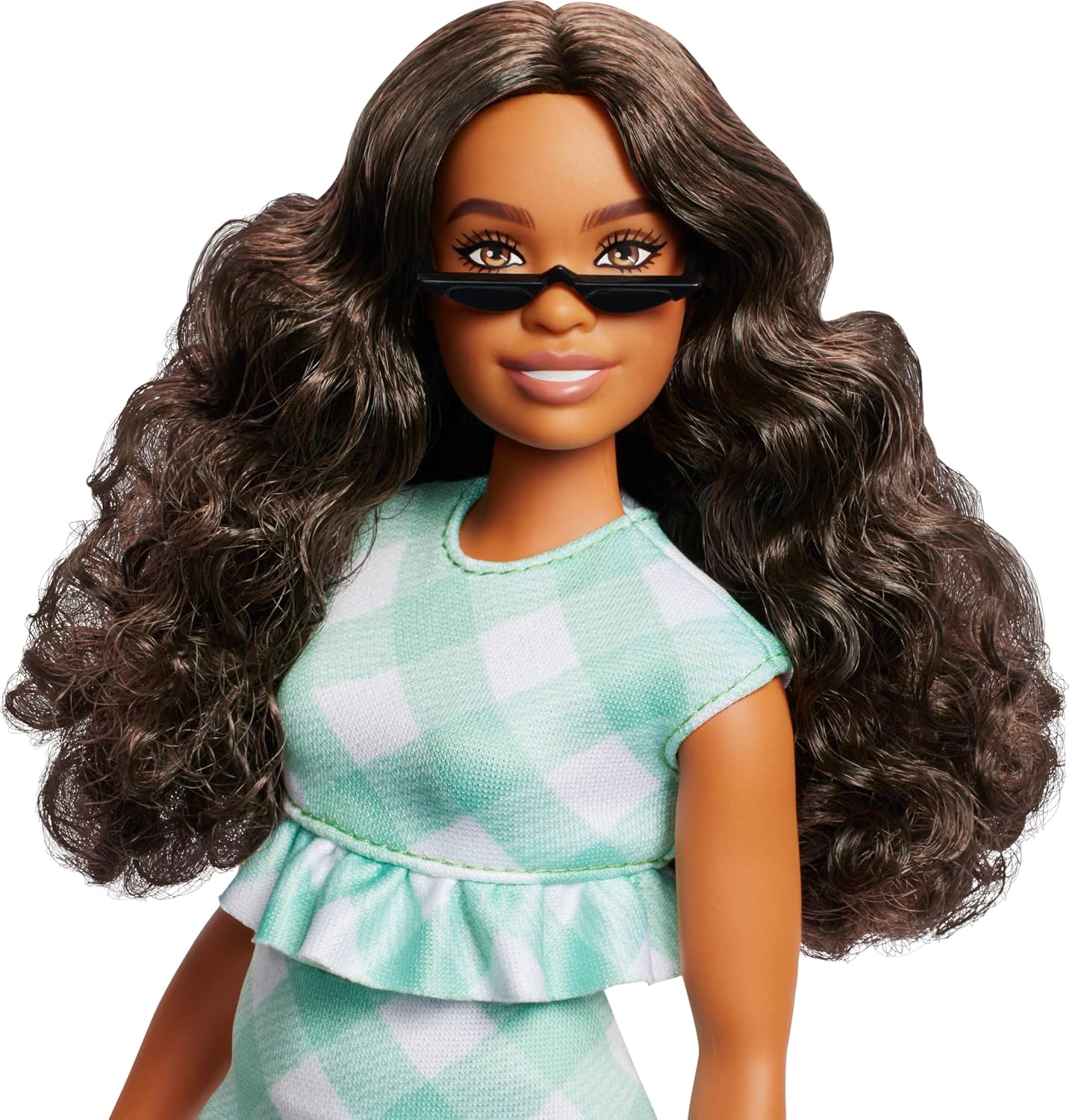 Fashionistas Doll #240 with Wavy Dark Brown Hair Wearing Minty Green Ruffled Gingham Dress, Sunglasses and Lavender Heels Accessories