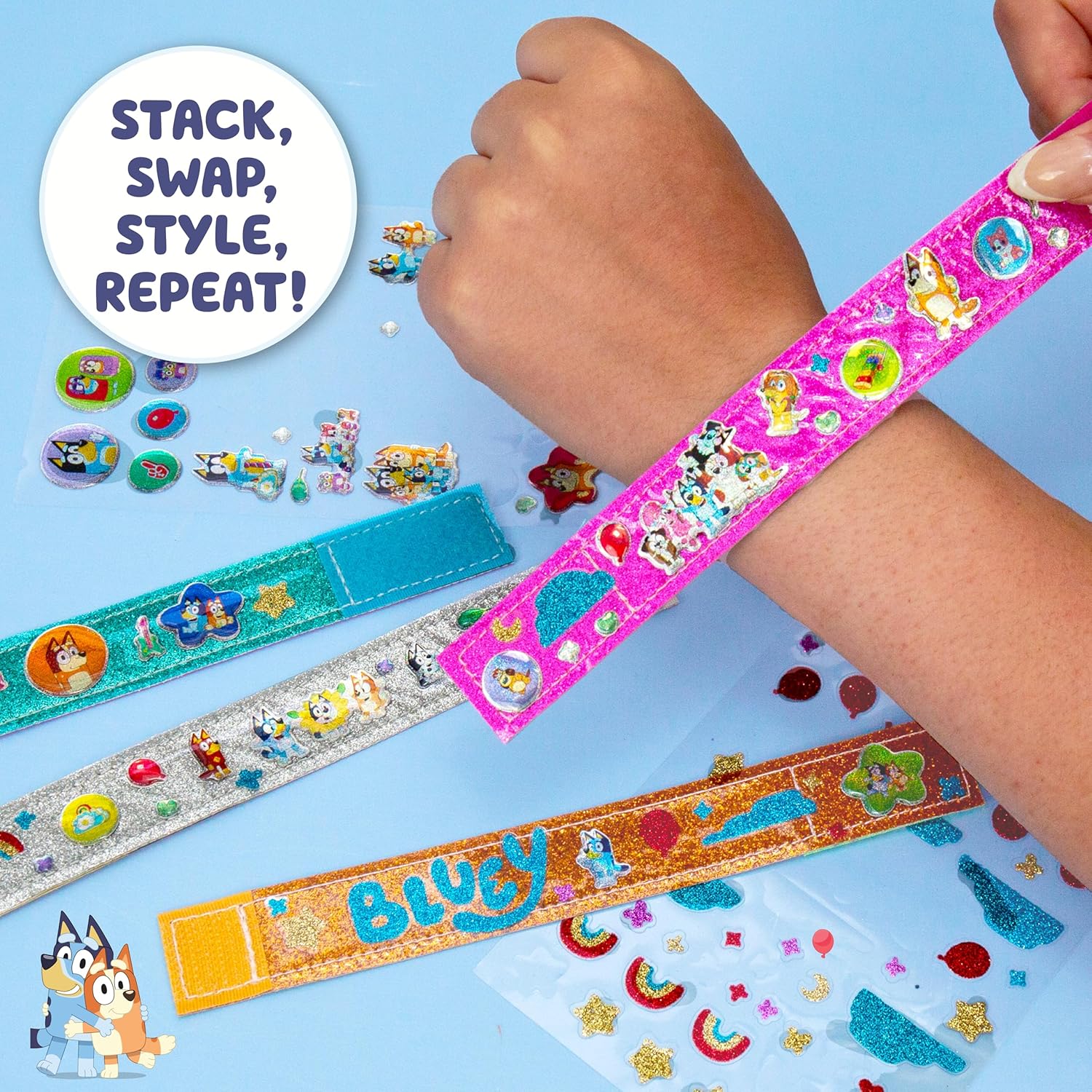 Sparkle Bracelet Making Kit, 4 Reversible Bracelets with Easy Closure, 100+ Traditional and Puffy Resin Stickers, DIY Bluey Jewelry, Arts and Crafts for Kids Age 8-12, Toddler Gifts
