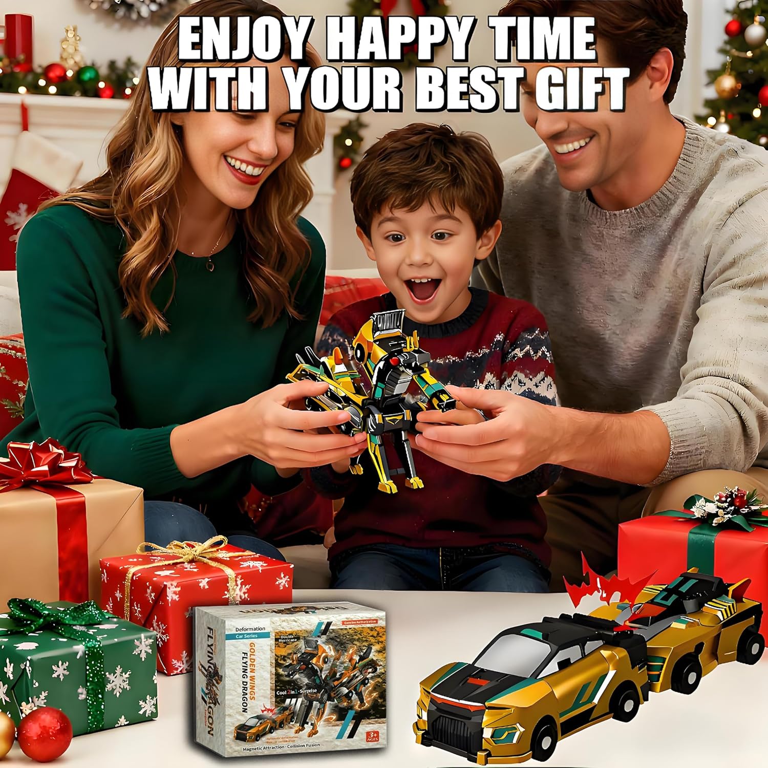 Magnetic Dinosaur Car Toy - 2 in 1 Crash & Transform Vehicle to Dino, No Battery Needed for Kids Age 3-12, Birthday Gift(Golden Dragon)