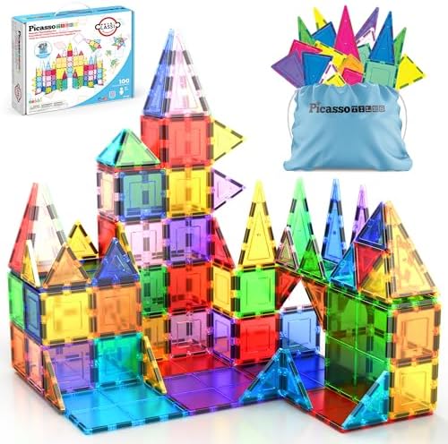 100 Piece Magnetic Tiles, Clear 3D Building Blocks for Kids 3+ | No-limit scalable builds, hands-on magnet polarity fun, family group play, quick assemble & store, shape & color recognition