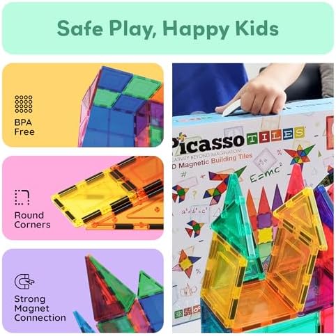100 Piece Magnetic Tiles, Clear 3D Building Blocks for Kids 3+ | No-limit scalable builds, hands-on magnet polarity fun, family group play, quick assemble & store, shape & color recognition
