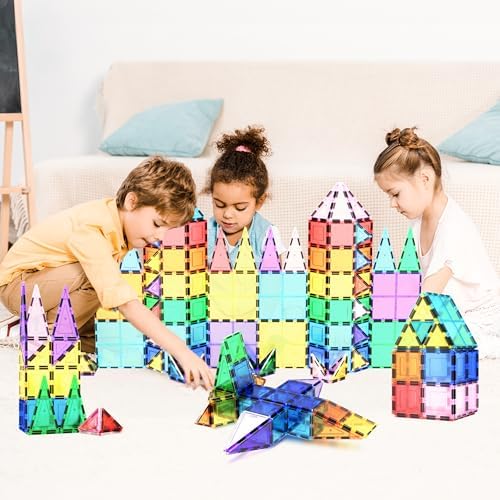 100 Piece Magnetic Tiles, Clear 3D Building Blocks for Kids 3+ | No-limit scalable builds, hands-on magnet polarity fun, family group play, quick assemble & store, shape & color recognition