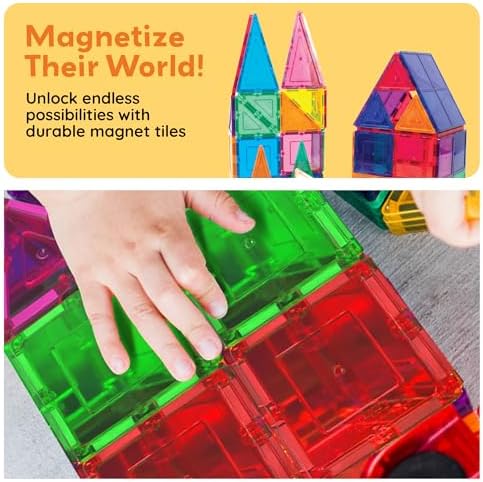 100 Piece Magnetic Tiles, Clear 3D Building Blocks for Kids 3+ | No-limit scalable builds, hands-on magnet polarity fun, family group play, quick assemble & store, shape & color recognition