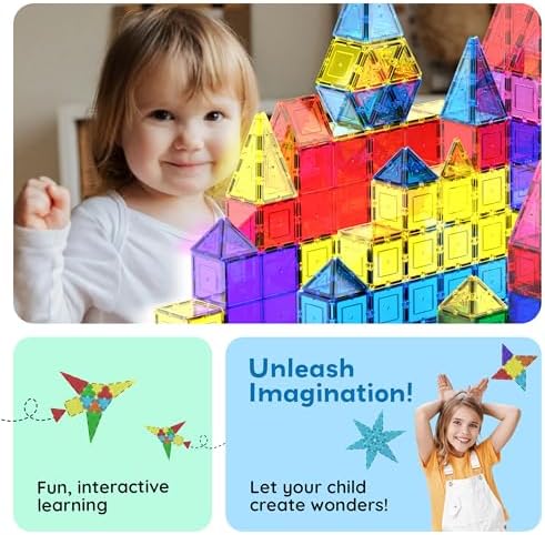 100 Piece Magnetic Tiles, Clear 3D Building Blocks for Kids 3+ | No-limit scalable builds, hands-on magnet polarity fun, family group play, quick assemble & store, shape & color recognition