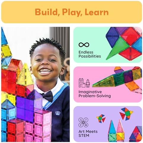 100 Piece Magnetic Tiles, Clear 3D Building Blocks for Kids 3+ | No-limit scalable builds, hands-on magnet polarity fun, family group play, quick assemble & store, shape & color recognition