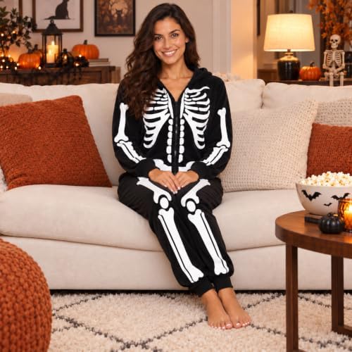 Women's Adult Onesie Skeleton Halloween Costume with Hood