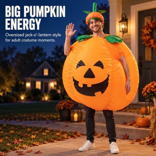 Pumpkin Costume Adult Inflatable Blow Up Jumpsuit, Orange