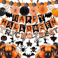 Black Orange Happy Halloween Trick or Treat Banner Paper Fan Balloons & Swirl Streamers Goul Bat Cat Bird Ghost Pumpkin Lantern for Halloween Decorations