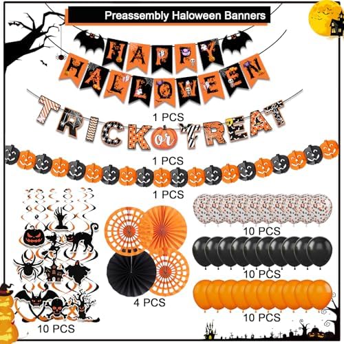 Black Orange Happy Halloween Trick or Treat Banner Paper Fan Balloons & Swirl Streamers Goul Bat Cat Bird Ghost Pumpkin Lantern for Halloween Decorations