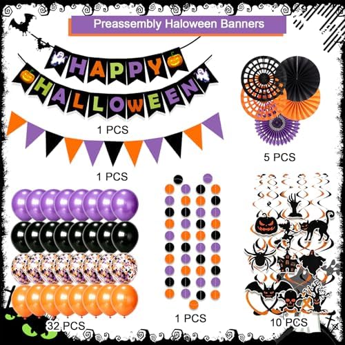 Happy Halloween Banner Triangular bunting Paper flower fans Circle garland Latex balloons Swirls for Halloween Party decoration Indoor Outdoor Wall Door Decoration