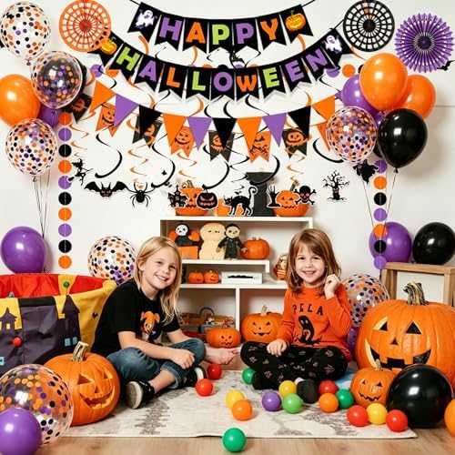 Happy Halloween Banner Triangular bunting Paper flower fans Circle garland Latex balloons Swirls for Halloween Party decoration Indoor Outdoor Wall Door Decoration