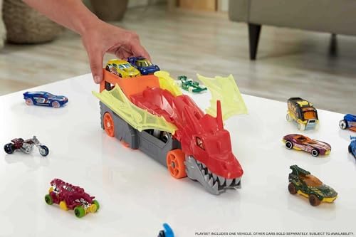 City Toy Car Track Set, Dragon Launch Transporter & 1:64 Scale Car, Launch Vehicles from Creature's Mouth, Stores up to 5 Vehicles
