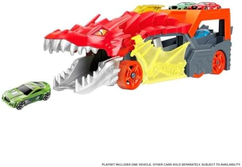 City Toy Car Track Set, Dragon Launch Transporter & 1:64 Scale Car, Launch Vehicles from Creature's Mouth, Stores up to 5 Vehicles