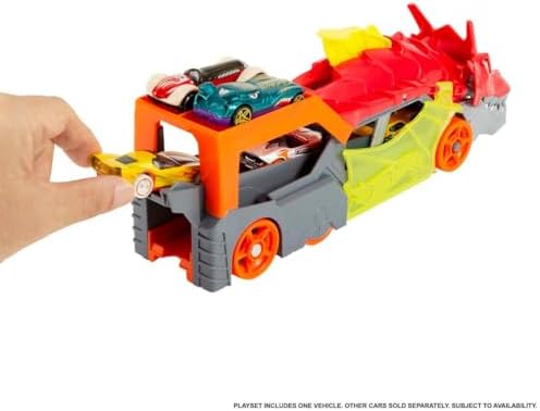 City Toy Car Track Set, Dragon Launch Transporter & 1:64 Scale Car, Launch Vehicles from Creature's Mouth, Stores up to 5 Vehicles