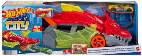 City Toy Car Track Set, Dragon Launch Transporter & 1:64 Scale Car, Launch Vehicles from Creature's Mouth, Stores up to 5 Vehicles