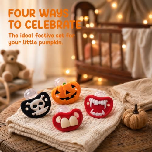 Funny Pacifier for Baby 0-18 Months Baby Halloween Pumpkin Skeleton Vampires Pacifiers Halloween Gifts for Babies BPA Free (4 Packs)