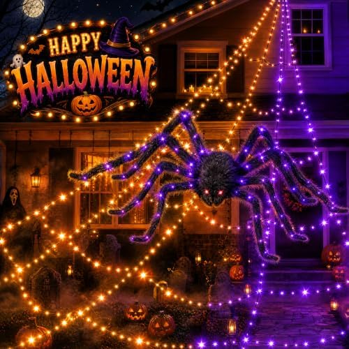 Halloween Decorations Outdoor Spider Web Lights - 550 LEDs Purple and Orange Remote Control Timer Plug in Giant Halloween Decor Cobwebs - 11 Modes Lighting Waterproof Yard Garden Party Decorations